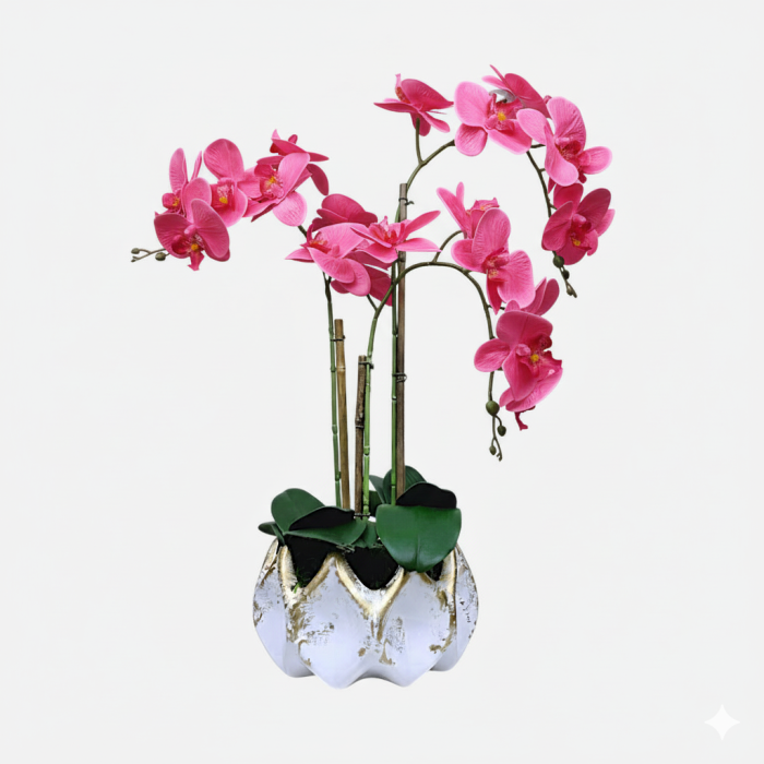 Arranjo de orquídeas em vaso de cerâmica branco e dourado Aurora - Rosa Escuro
