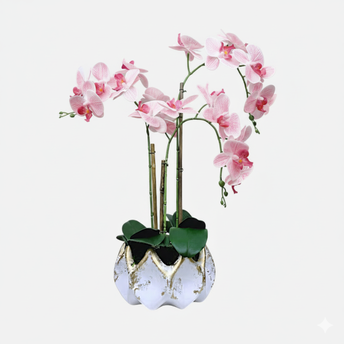 Arranjo de orquídeas em vaso de cerâmica branco e dourado Aurora - Rosa Claro