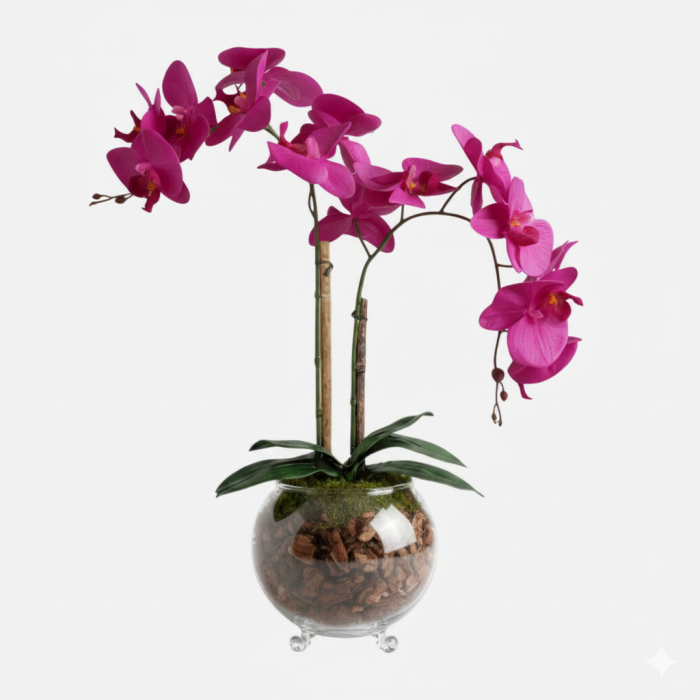 Arranjo de orquídeas em vaso de vidro Rubi - Rosa Escuro