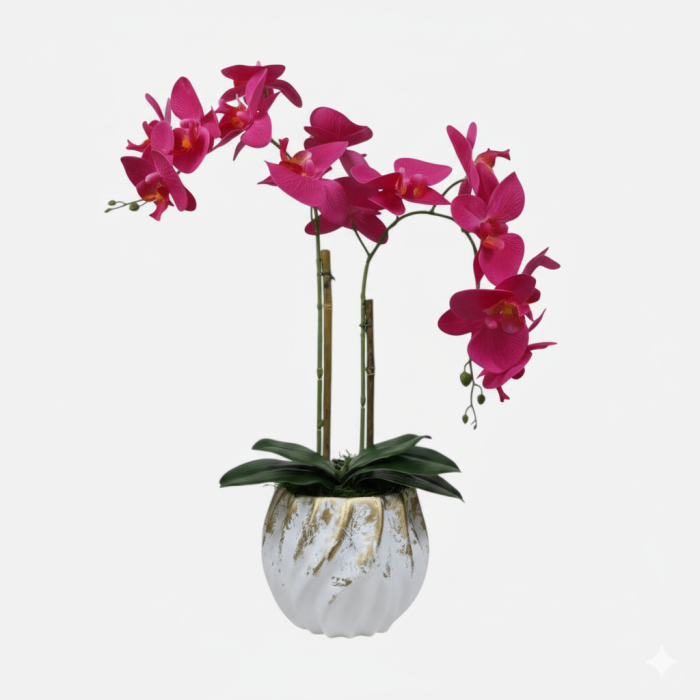 Arranjo de orquídeas em vaso de cerâmica branco e dourado Coral - Rosa Escuro