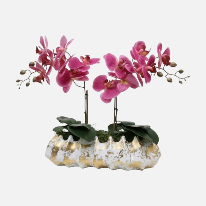 Arranjo de orquídeas em vaso de cerâmica branco e dourado Caravela - Rosa Escuro