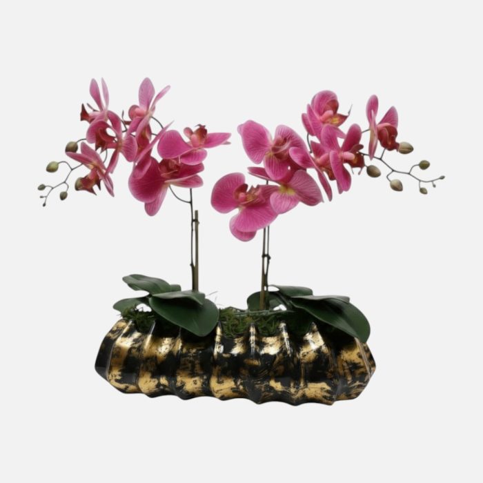 Arranjo de orquídeas em vaso de cerâmica preto e dourado Caravela - Rosa Escuro