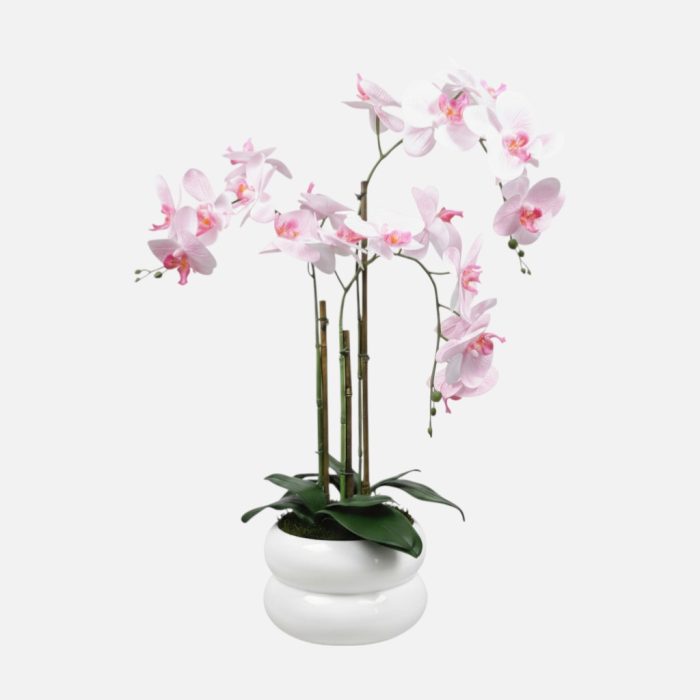 Arranjo de orquídeas em vaso de cerâmica branco Lumina - Rosa Claro