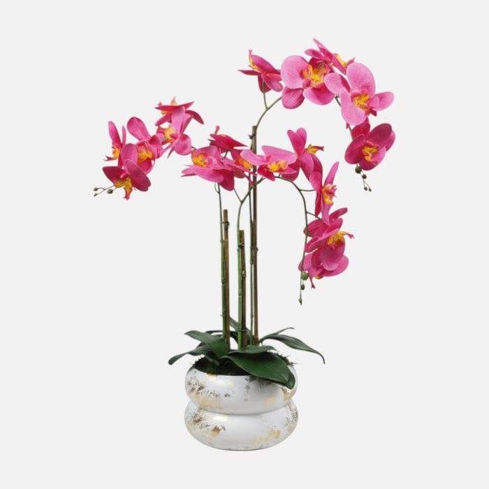 Arranjo de orquídeas em vaso de cerâmica branco e dourado Lumina - Rosa Escuro