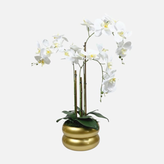Arranjo de orquídeas em vaso de cerâmica dourado Lumina