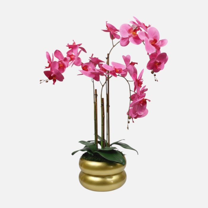 Arranjo de orquídeas em vaso de cerâmica dourado Lumina - Rosa Escuro
