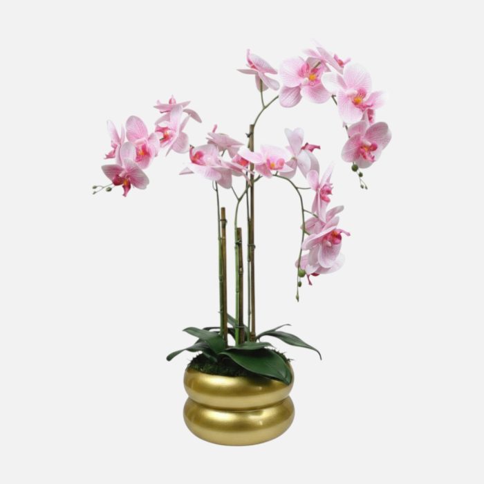 Arranjo de orquídeas em vaso de cerâmica dourado Lumina - Rosa Claro