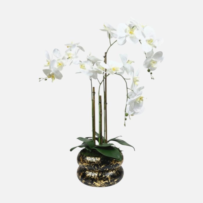 Arranjo de orquídeas em vaso de cerâmica preto e dourado Lumina