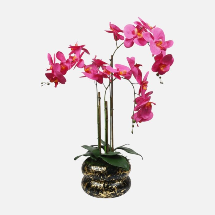 Arranjo de orquídeas em vaso de cerâmica preto e dourado Lumina - Rosa Escuro