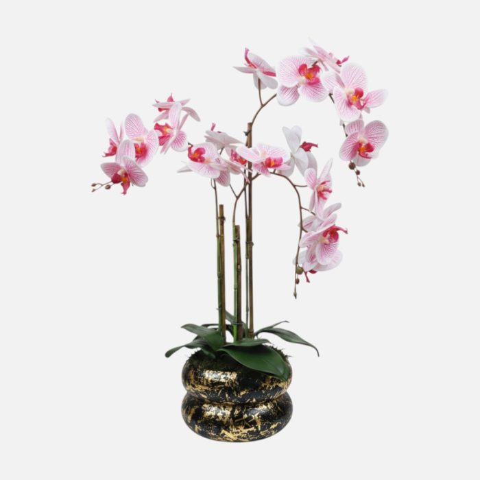 Arranjo de orquídeas em vaso de cerâmica preto e dourado Lumina - Rosa Claro