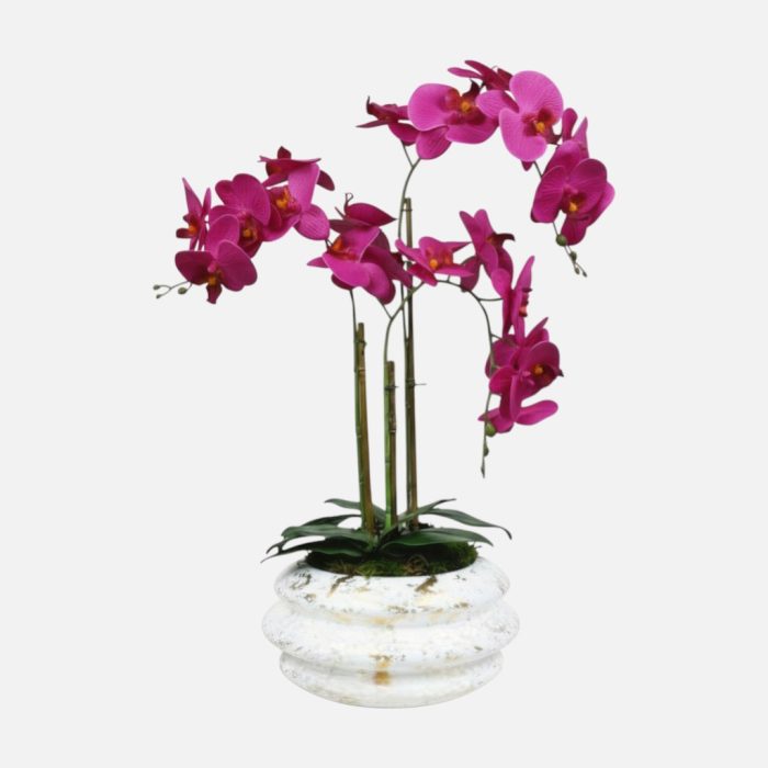 Arranjo de orquídeas em vaso de cerâmica branco e dourado Solene - Rosa Escuro