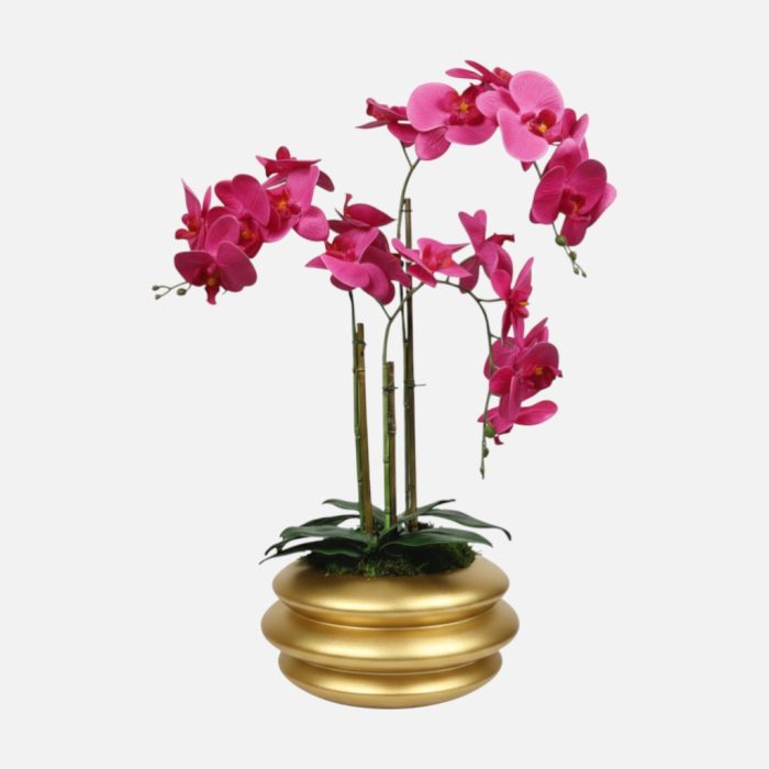 Arranjo de orquídeas em vaso de cerâmica dourado Solene - Rosa Escuro
