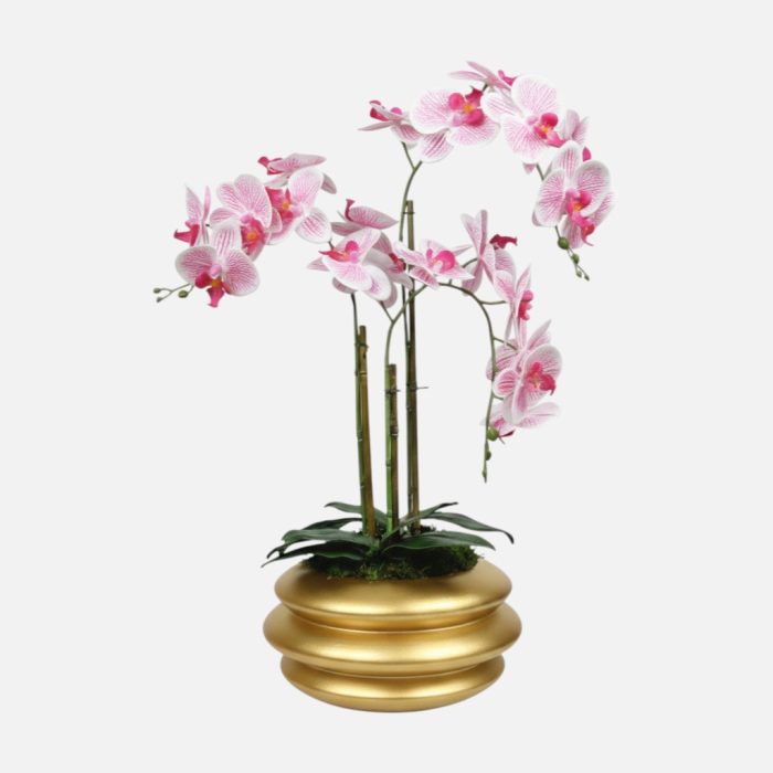 Arranjo de orquídeas em vaso de cerâmica dourado Solene - Rosa Claro