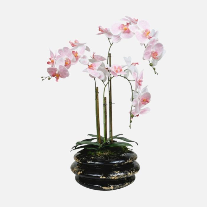 Arranjo de orquídeas em vaso de cerâmica perto e dourado Solene - Rosa Claro