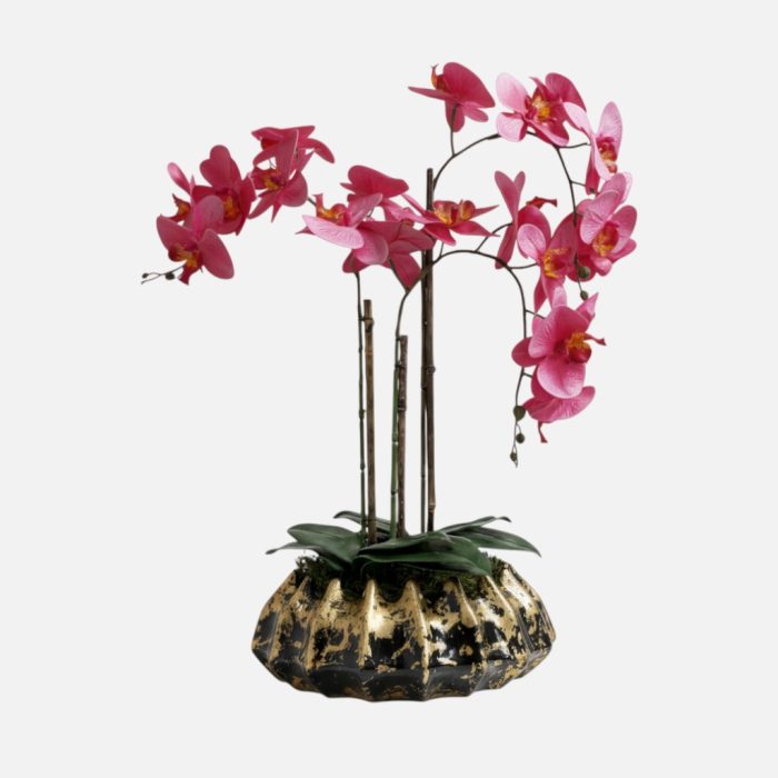 Arranjo de orquídeas em vaso de cerâmica preto e dourado Atlântico - Rosa Escuro