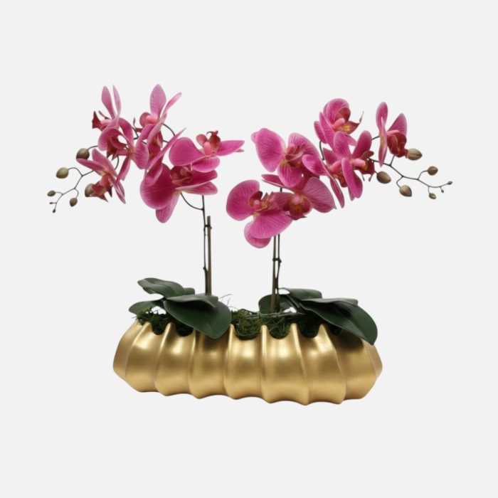 Arranjo de orquídeas em vaso de cerâmica dourado Caravela - Rosa Escuro