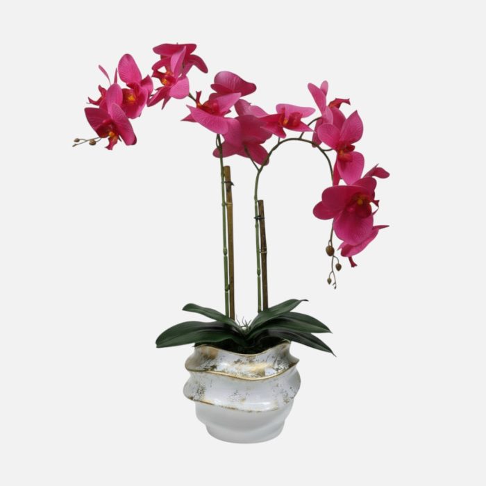 Arranjo de orquídeas em vaso de cerâmica branco e dourado Ondas - Rosa Escuro