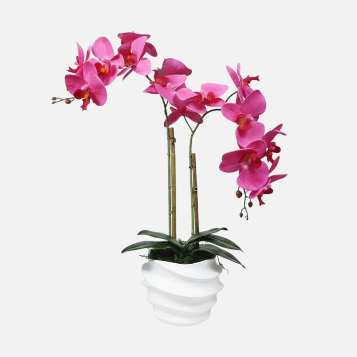 Arranjo de orquídeas em vaso de cerâmica branco Ondas - Rosa Escuro
